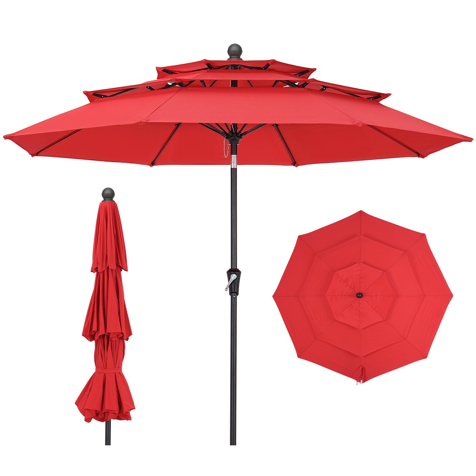 9ft 3 Tier Vented Patio Umbrella with Crank, Red – Dovov