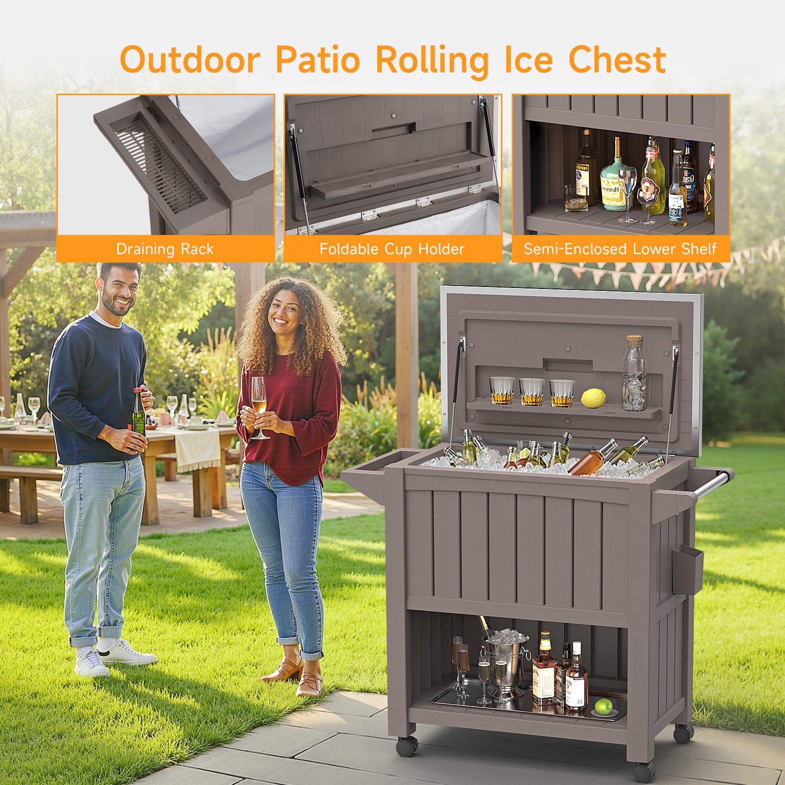 120 Quart Rolling Ice Chest Portable Outdoor Patio Cooler Cart