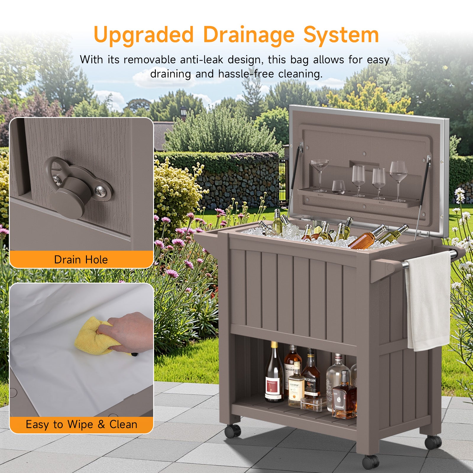 120 Quart Rolling Ice Chest Portable Outdoor Patio Cooler Cart