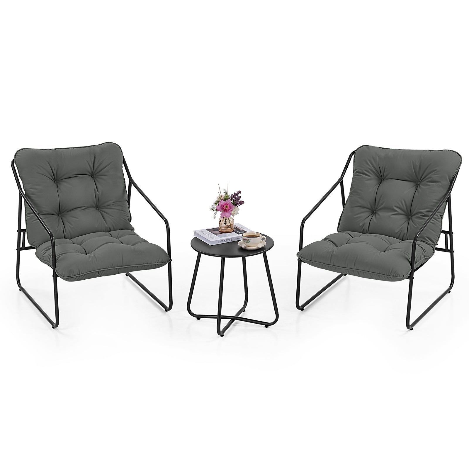 3 Piece Outdoor Bistro Set Patio Upholstered Lounge Chairs, Gray