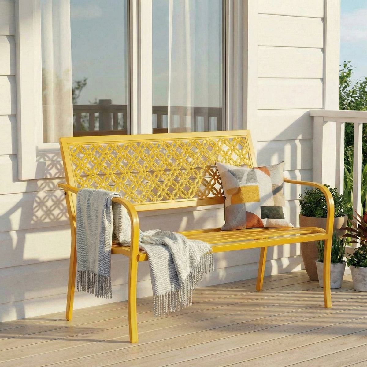 Dovov Oversized Outdoor Bench, Steel Garden Bench, Yellow