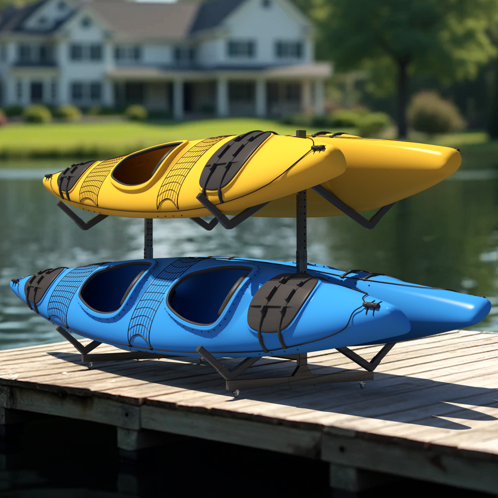 2 Levels Freestanding Rolling Kayak Storage Rack for 4 Kayaks