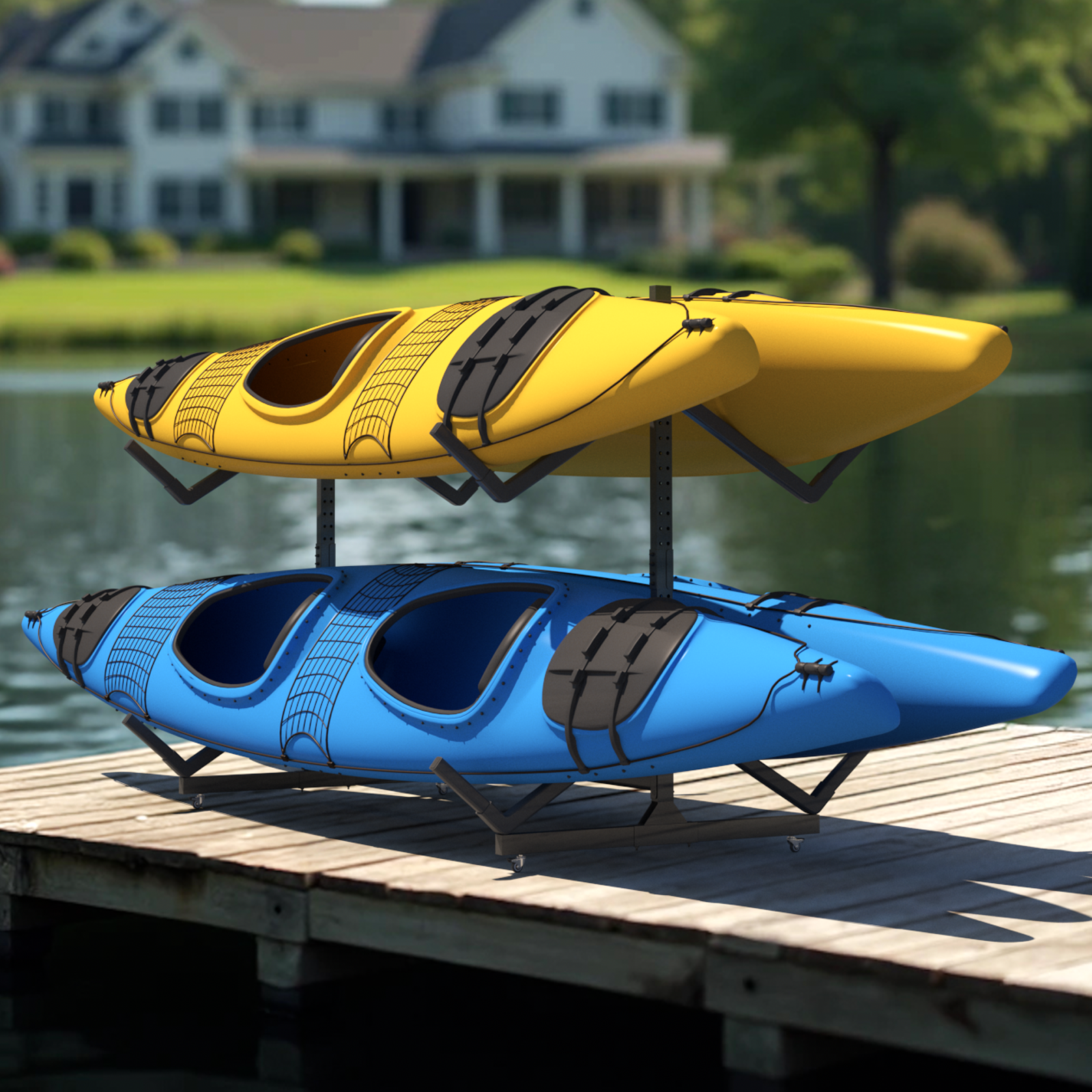 2 Levels Freestanding Rolling Kayak Storage Rack for 4 Kayaks