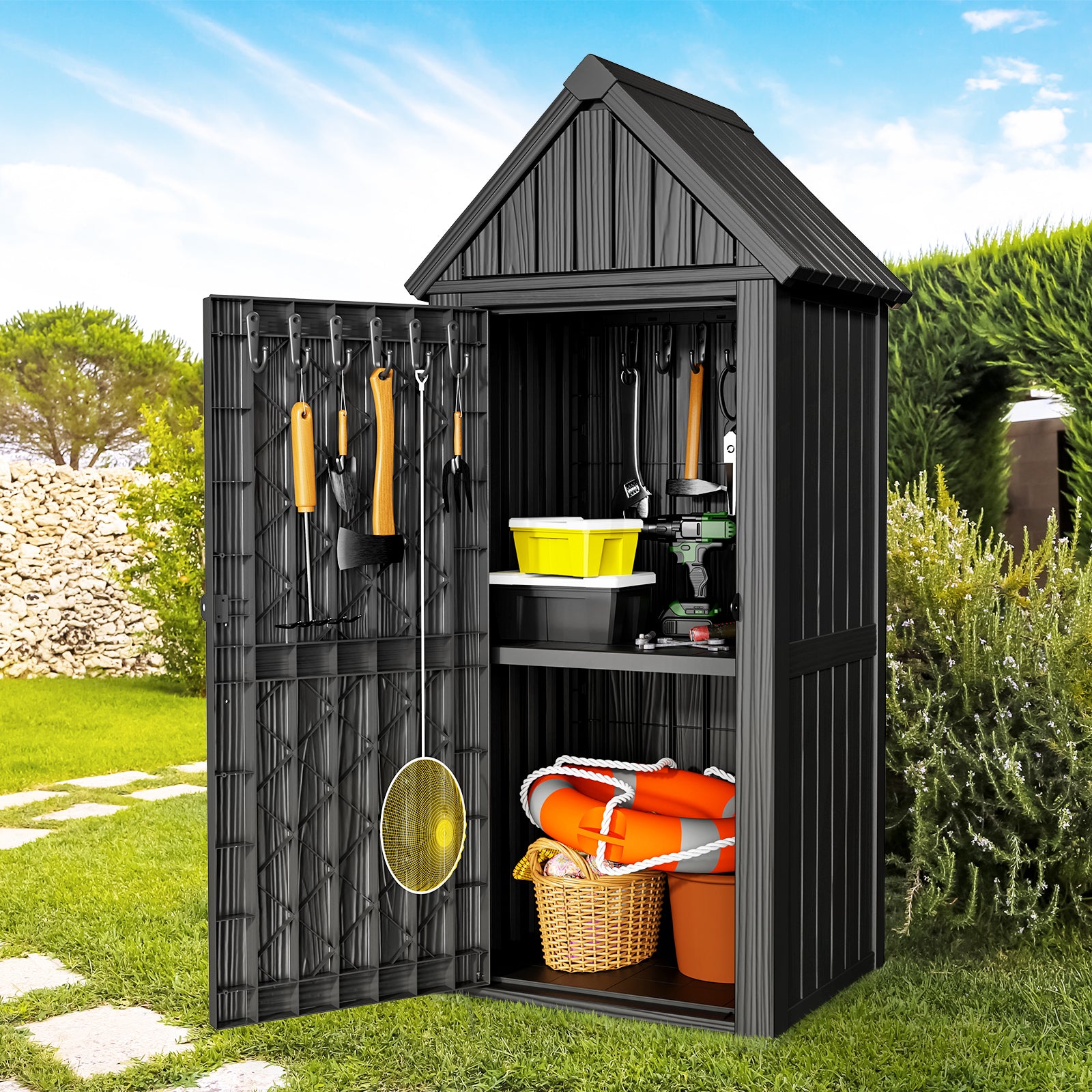 Outdoor Tool Storage Shed with Removable Shelf and Sloped Roof, Gray