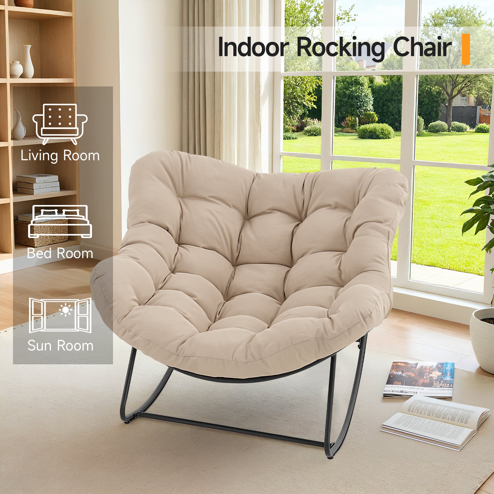 Outdoor Oversized Papasan Rocking Chair with Padded Cushion, Beige