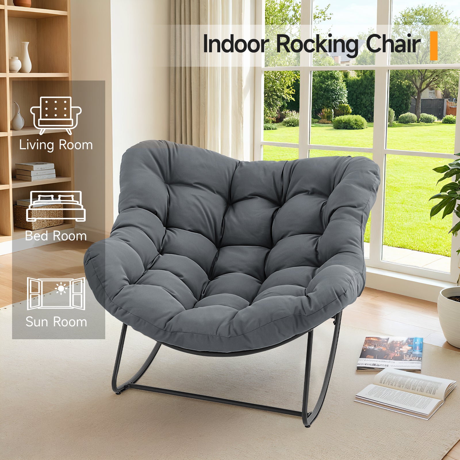 Outdoor Oversized Papasan Rocking Chair with Padded Cushion, Gray