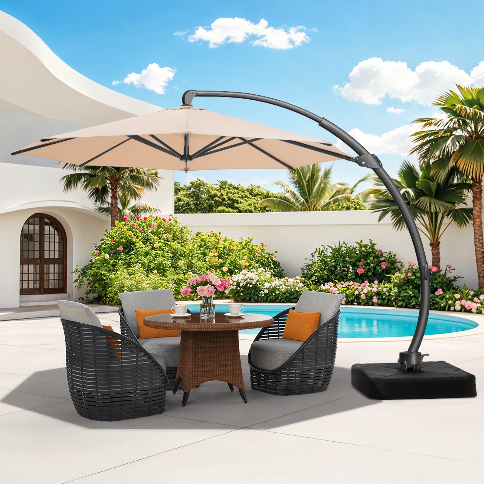 11ft Aluminum Curvy Cantilever Umbrella with Base, Champagne