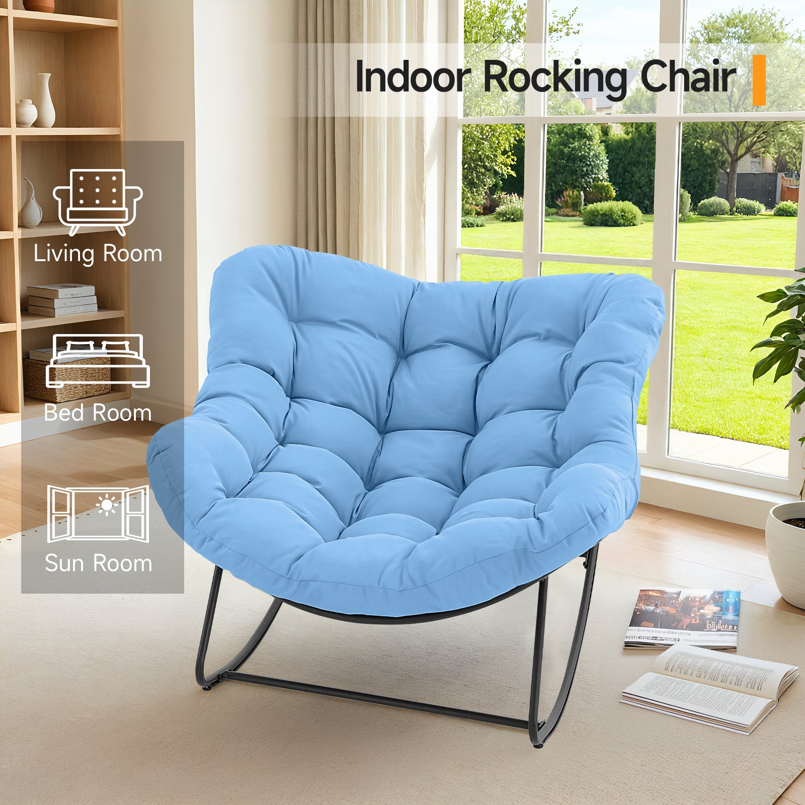 Outdoor Oversized Papasan Rocking Chair with Padded Cushion, Blue