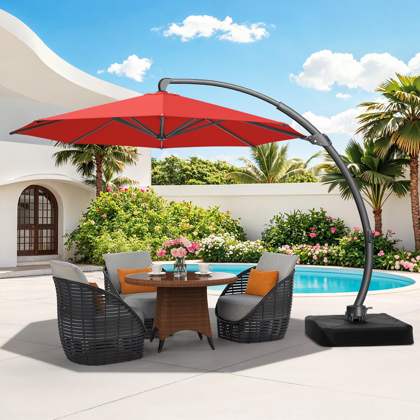 11ft Aluminum Curvy Cantilever Umbrella with Base, Red