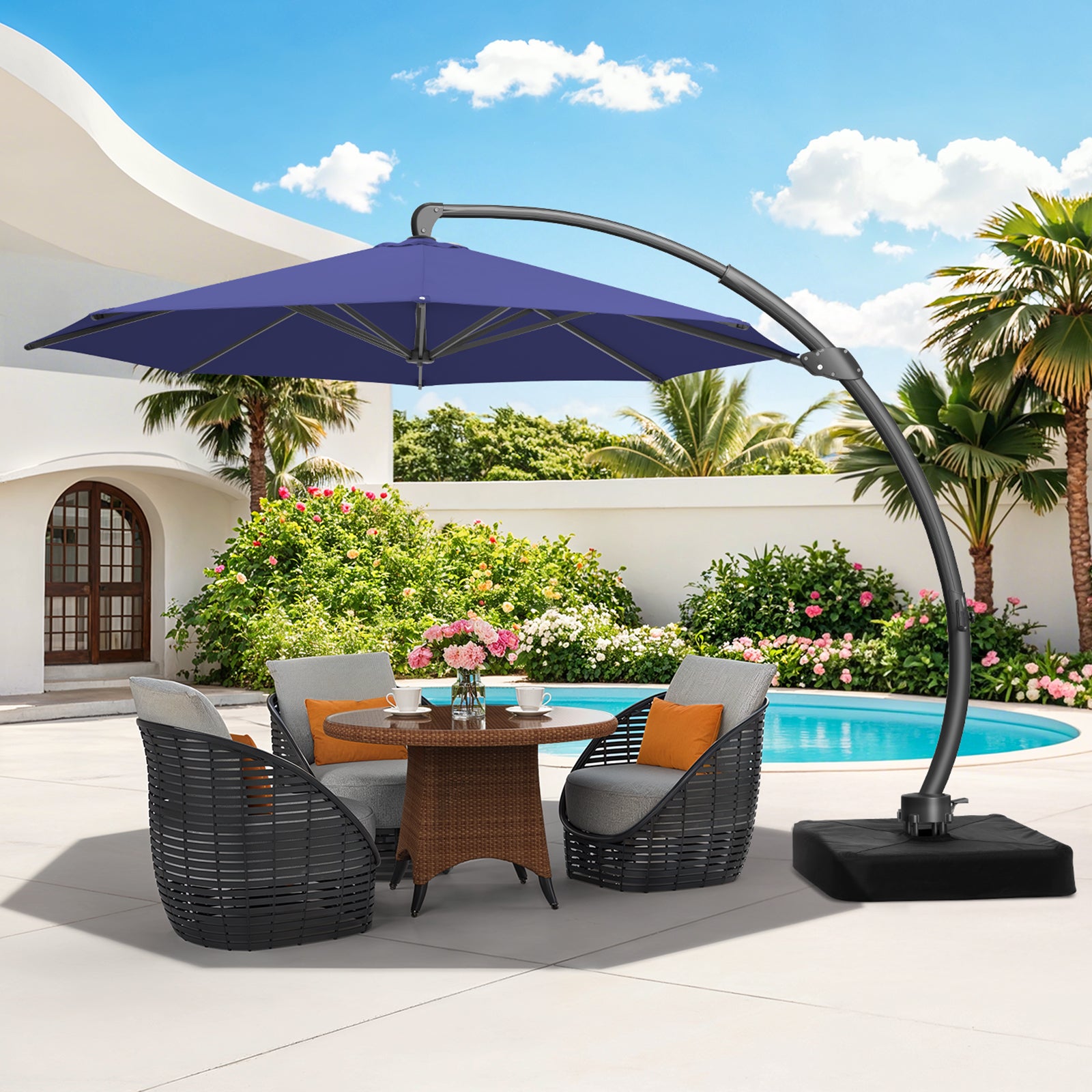 11ft Aluminum Curvy Cantilever Umbrella with Base, Navy Blue