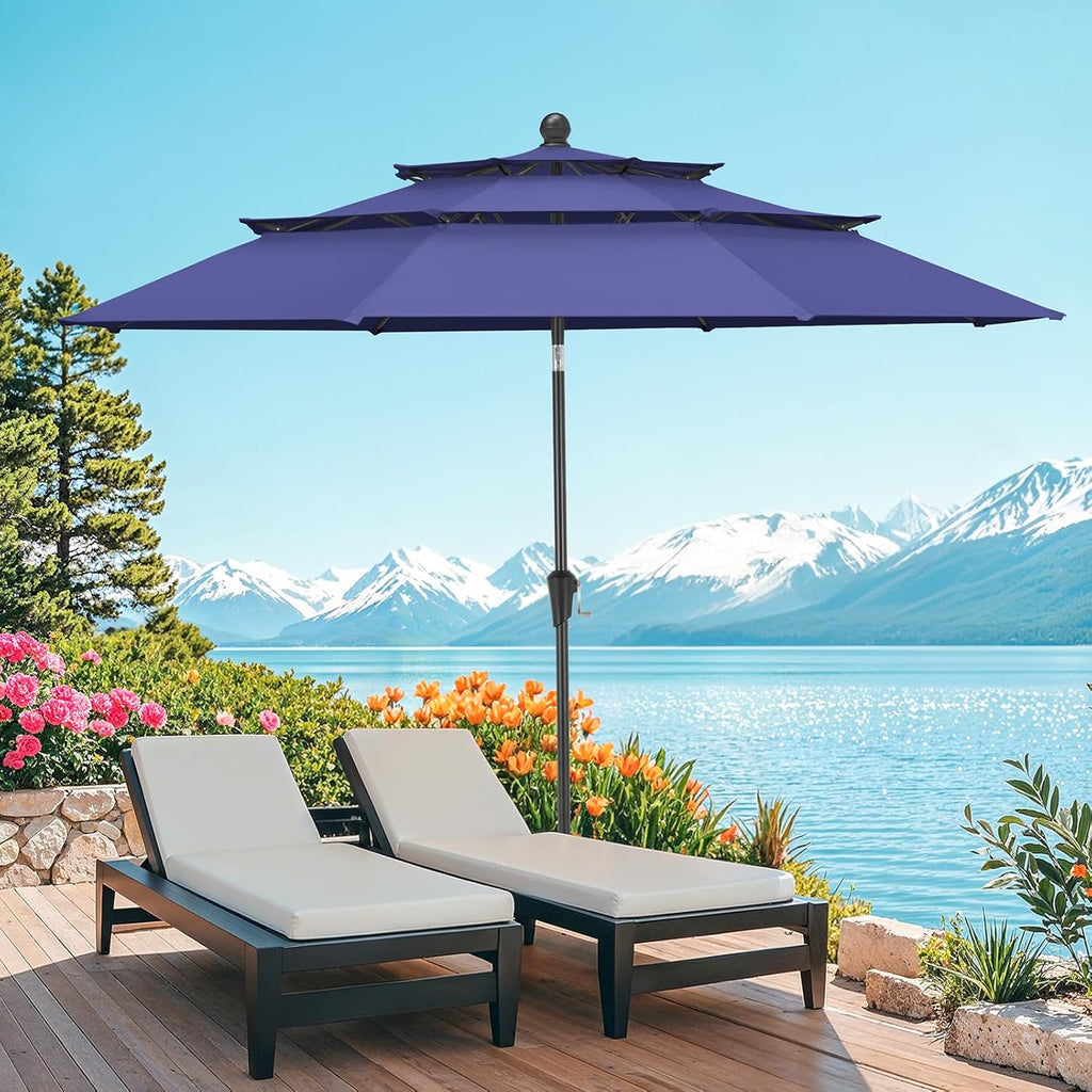 10ft 3 Tier Patio Umbrella with Crank & Push Button Tilt, Navy Blue