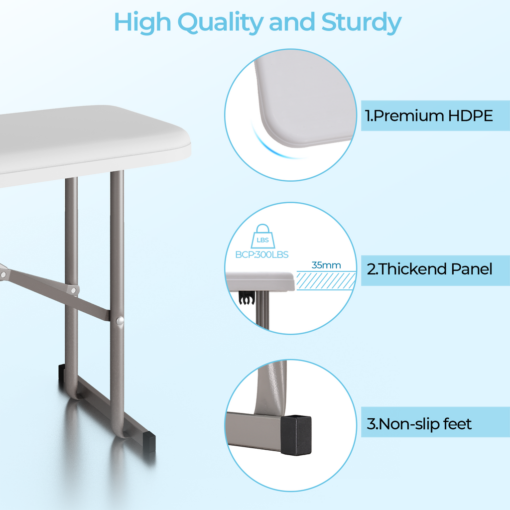2 Pack 6 Feet Plastic Folding Bench Outdoor Picnic Bench, White