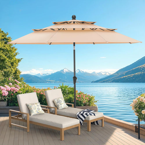 10ft 3 Tier Patio Umbrella with Crank & Push Button Tilt, Champagne