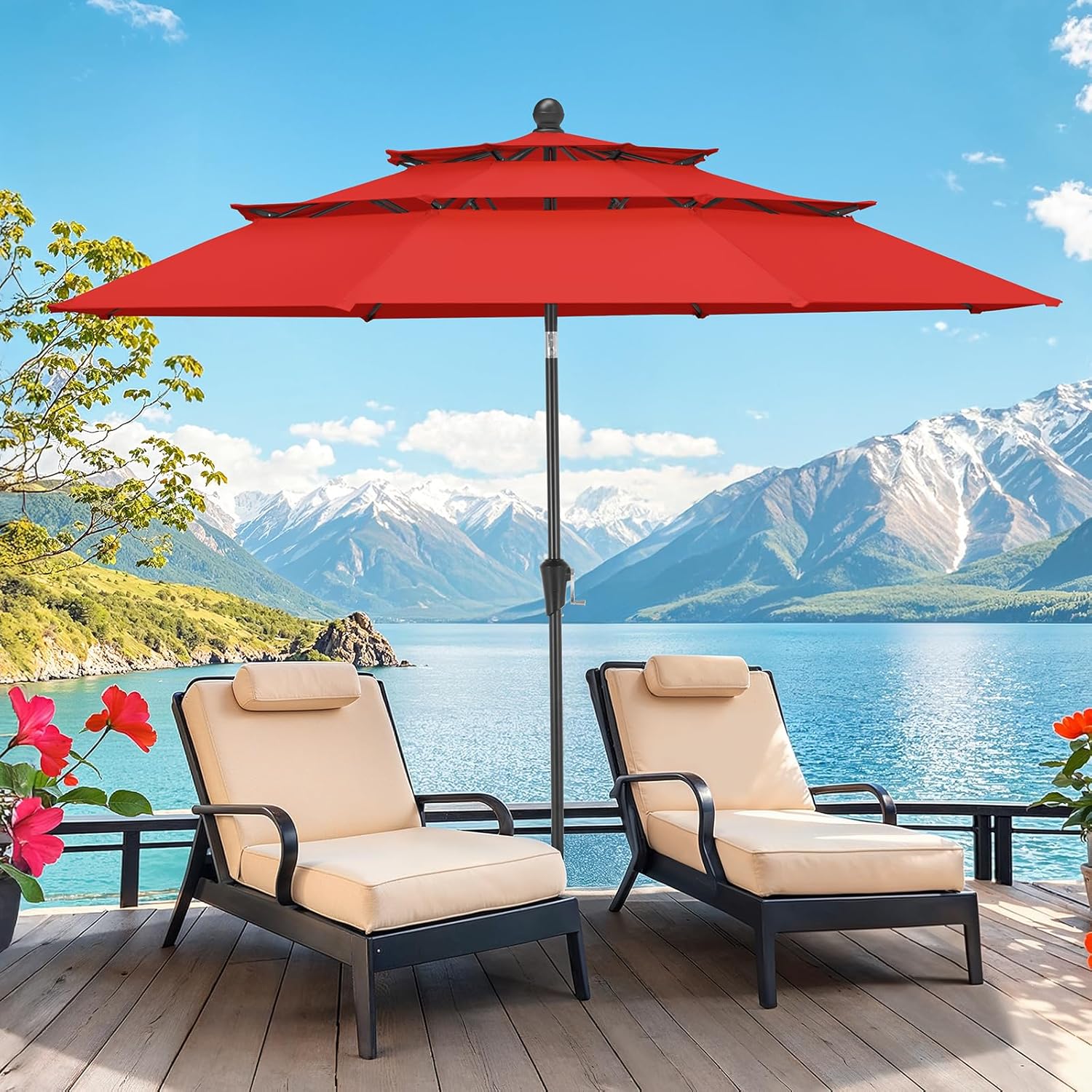 10ft 3 Tier Patio Umbrella with Crank & Push Button Tilt, Red