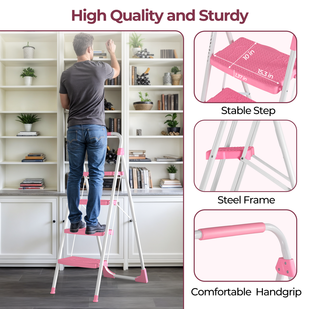 Portable 4 Step Folding Ladder, Pink