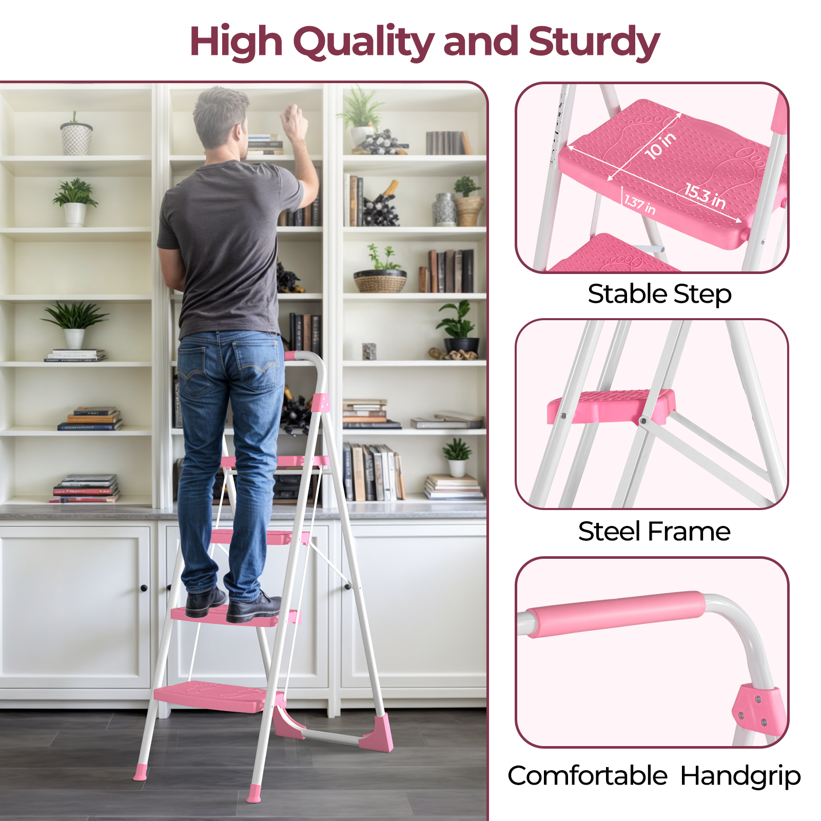 Portable 4 Step Folding Ladder, Pink