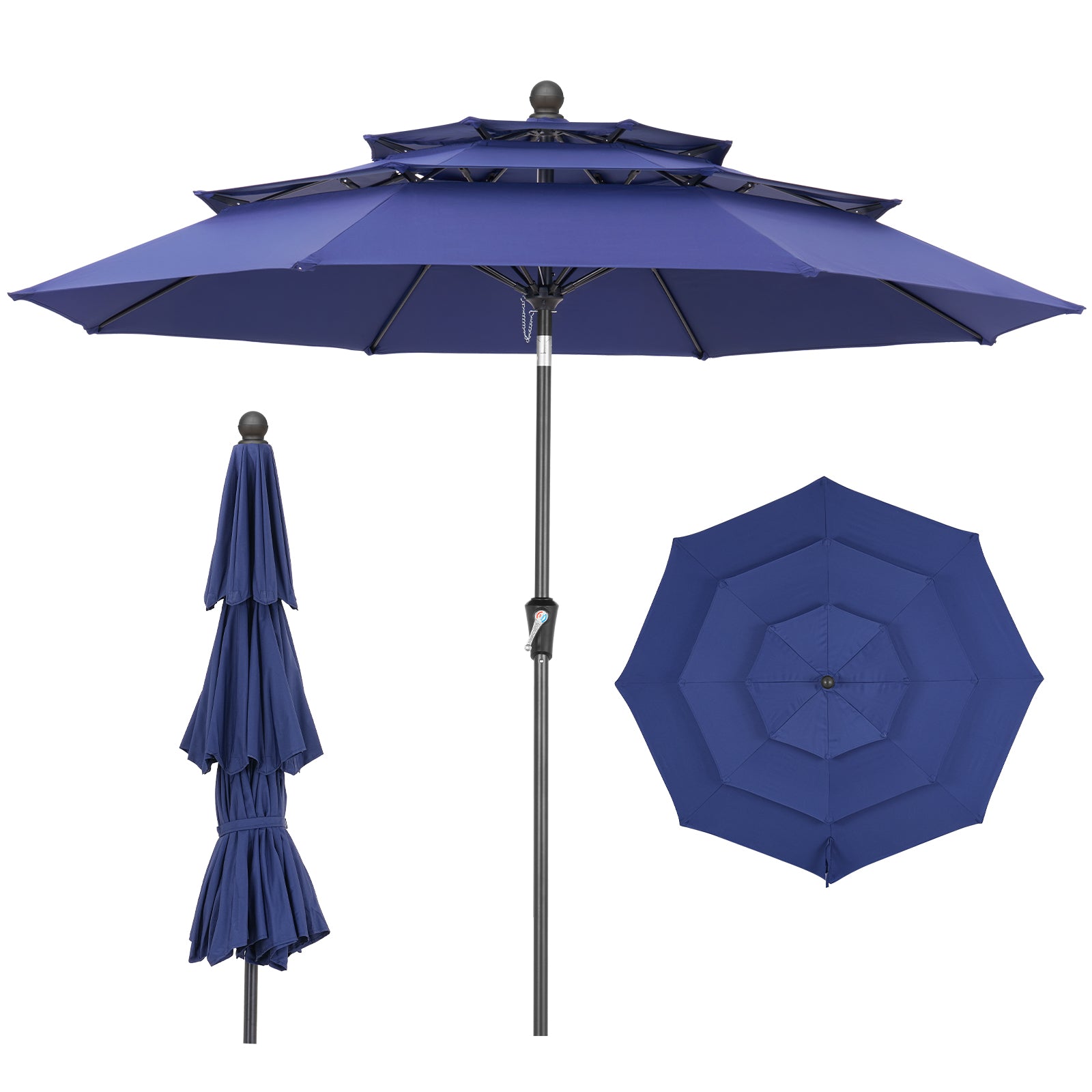9ft 3 Tier Vented Patio Umbrella with Crank, Navy Blue