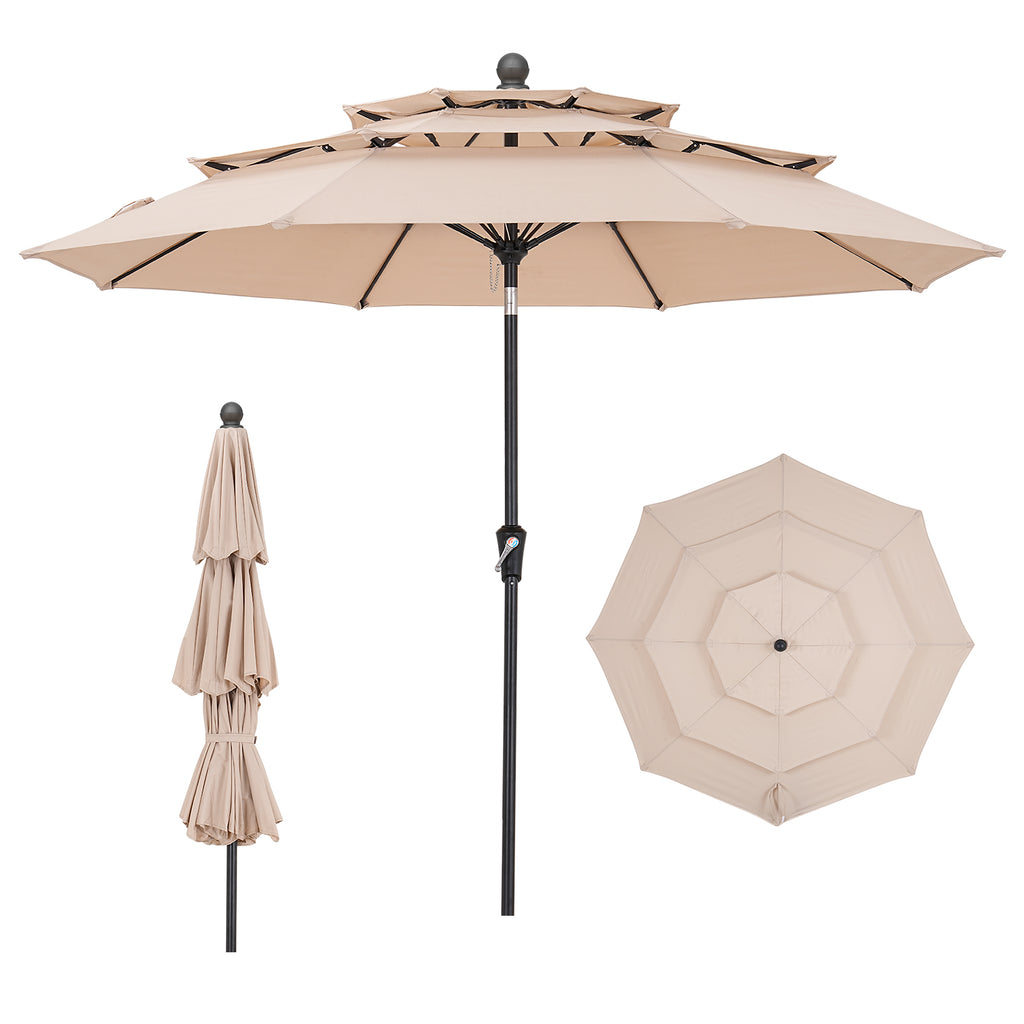 9ft 3 Tier Vented Patio Umbrella with Crank, Champagne