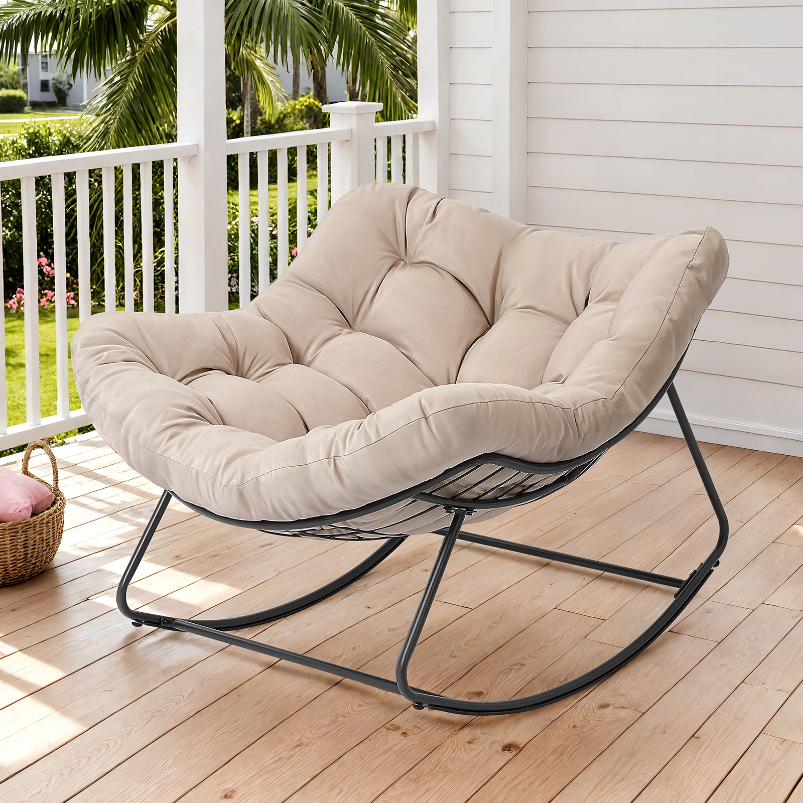 Outdoor Oversized Papasan Rocking Chair with Padded Cushion, Beige