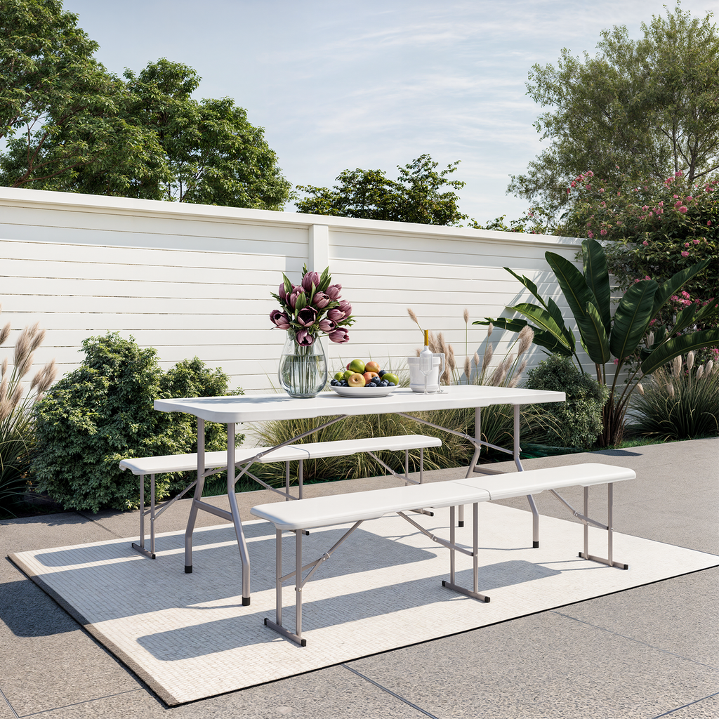 2 Pack 6 Feet Plastic Folding Bench Outdoor Picnic Bench, White