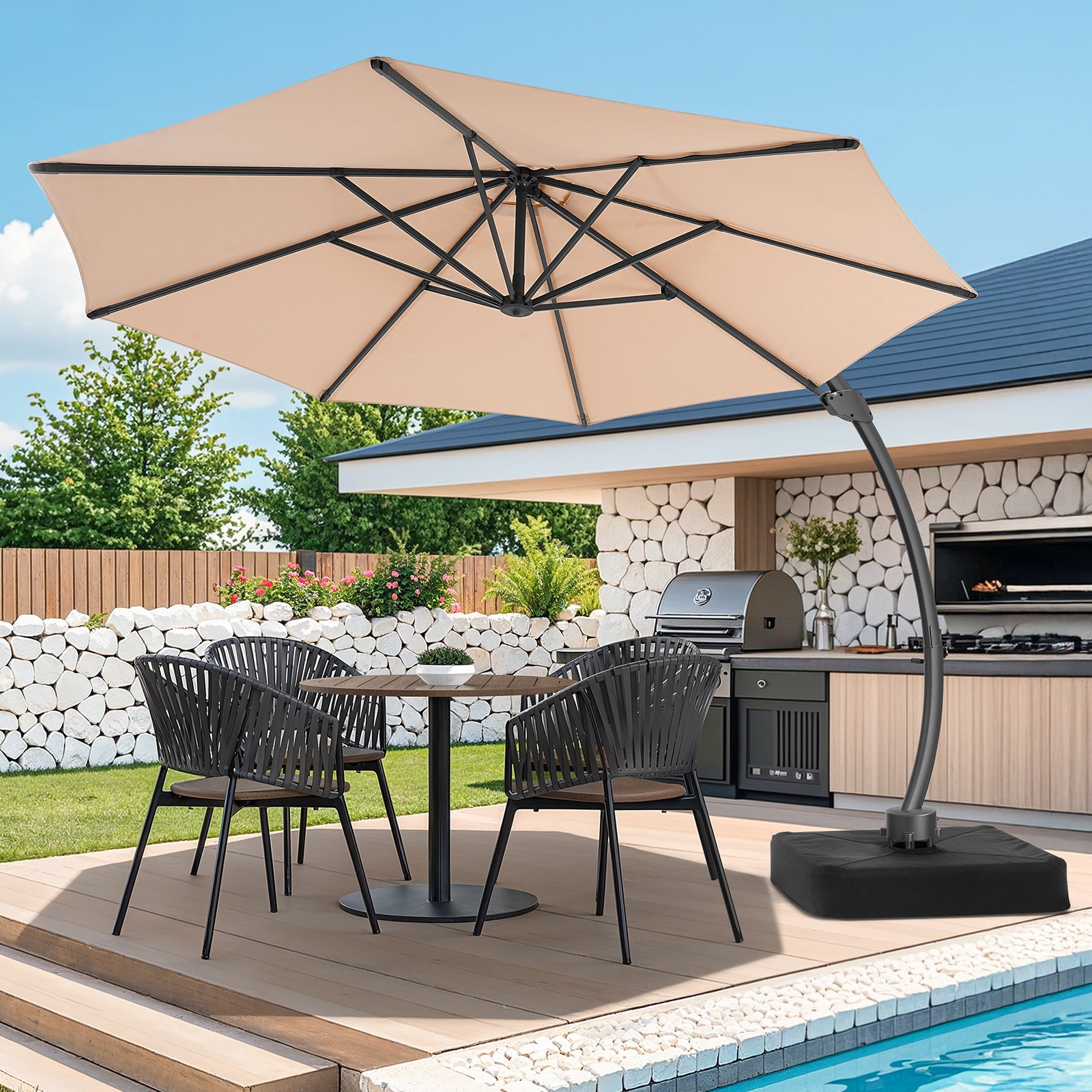 11ft Aluminum Curvy Cantilever Umbrella with Base, Champagne