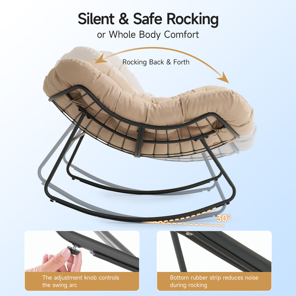 Outdoor Oversized Papasan Rocking Chair with Padded Cushion, Beige