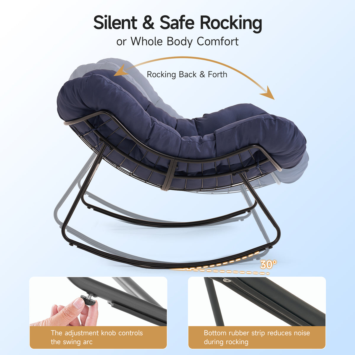 Outdoor Oversized Papasan Rocking Chair with Padded Cushion, Navy Blue