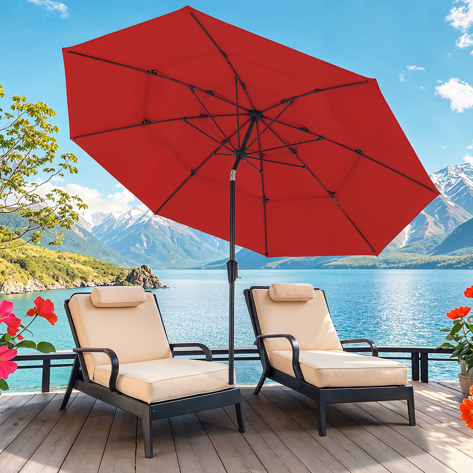 10ft 3 Tier Patio Umbrella with Crank & Push Button Tilt, Red