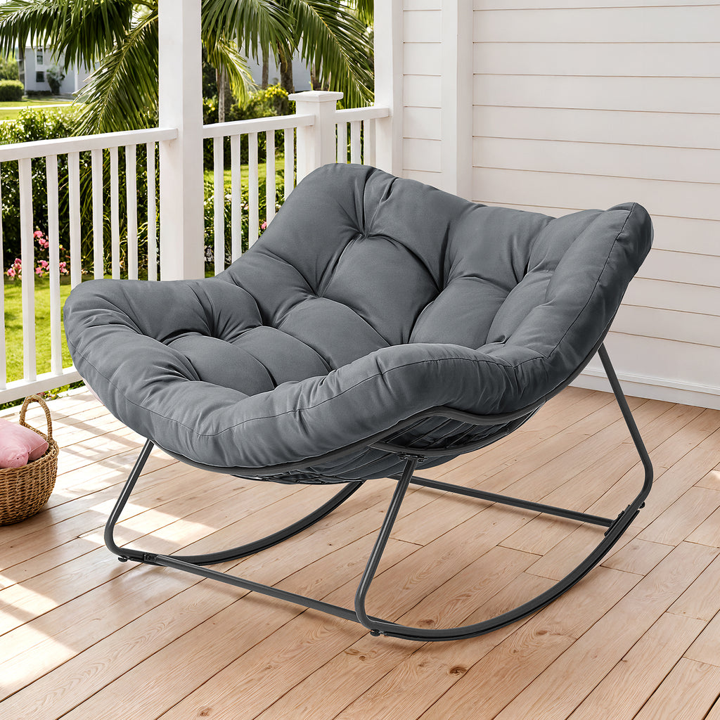 Outdoor Oversized Papasan Rocking Chair with Padded Cushion, Gray