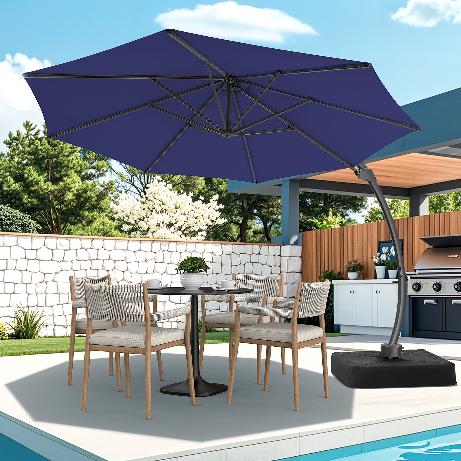 11ft Aluminum Curvy Cantilever Umbrella with Base, Navy Blue