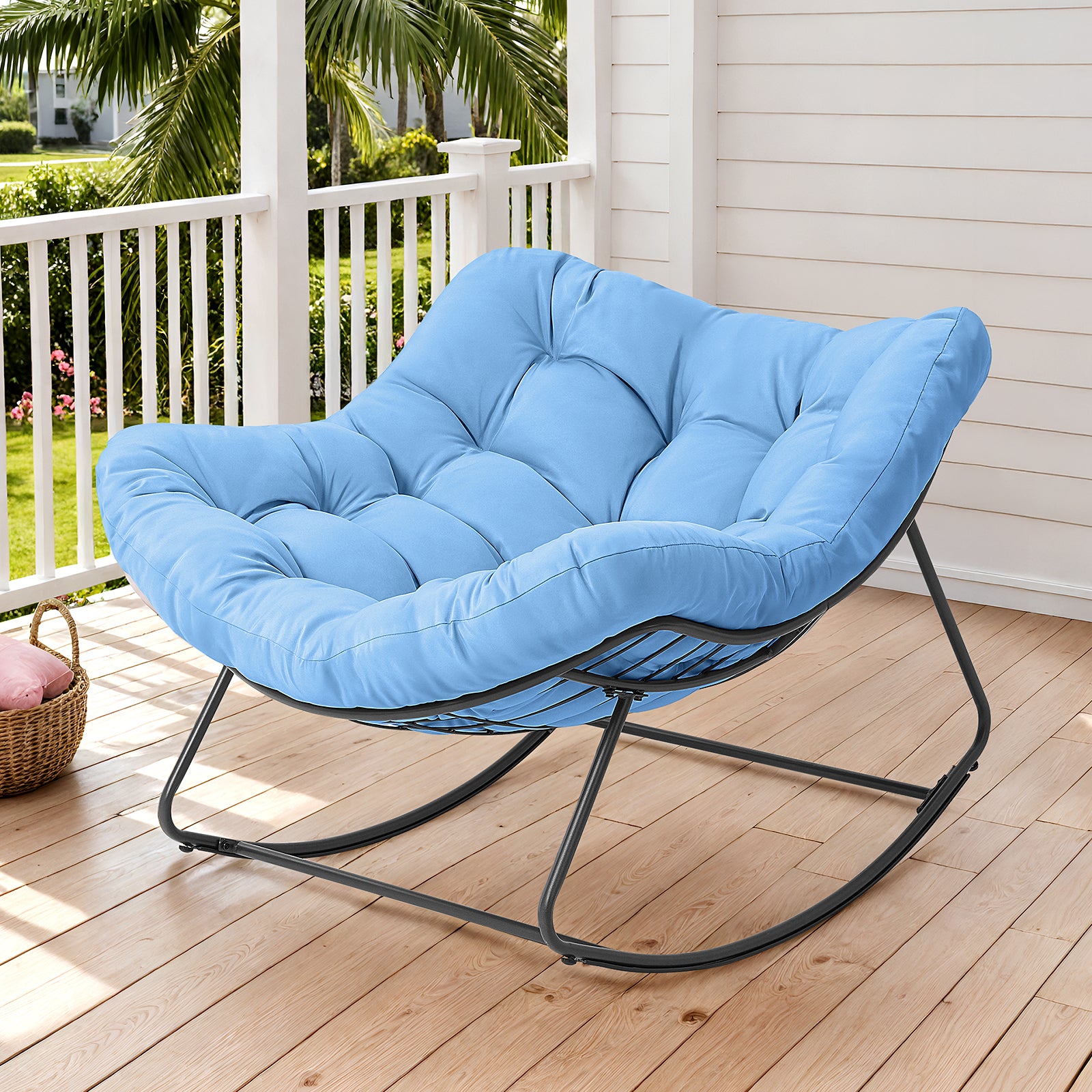 Outdoor Oversized Papasan Rocking Chair with Padded Cushion, Blue