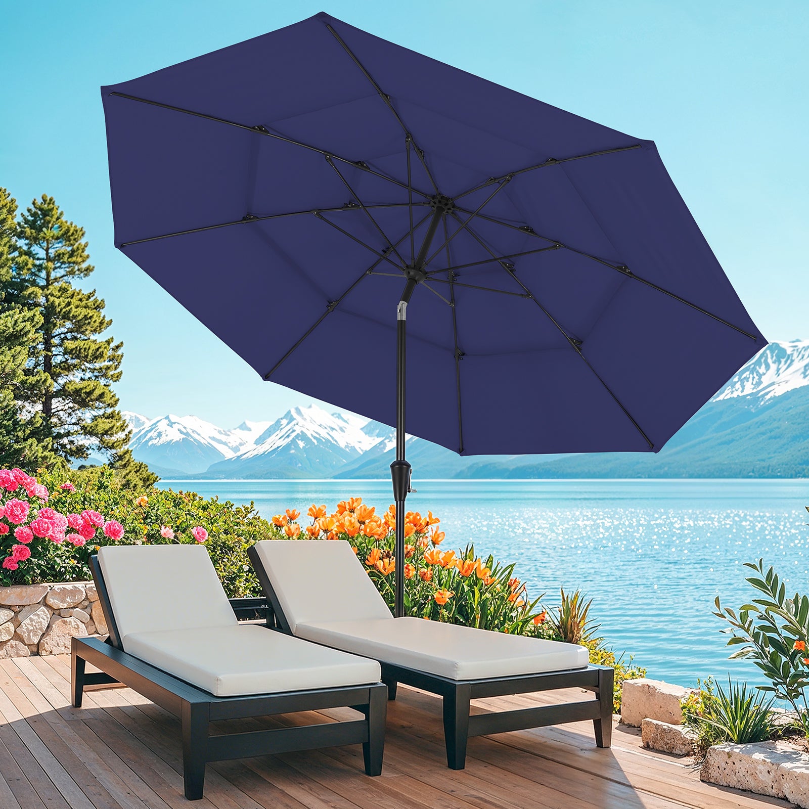 10ft 3 Tier Patio Umbrella with Crank & Push Button Tilt, Navy Blue