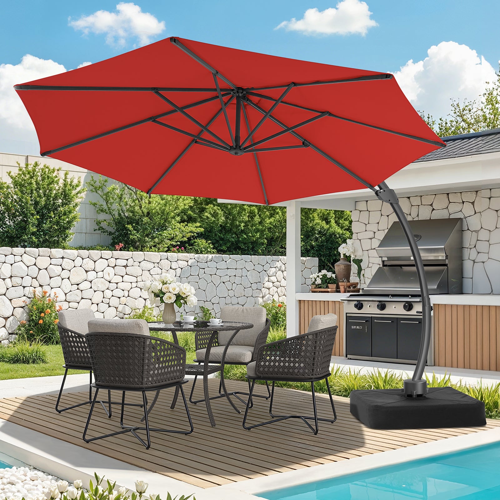 11ft Aluminum Curvy Cantilever Umbrella with Base, Red