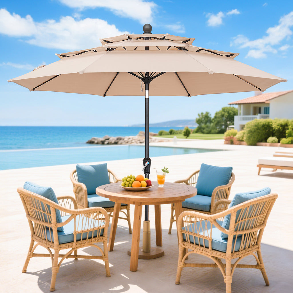 9ft 3 Tier Vented Patio Umbrella with Crank, Champagne