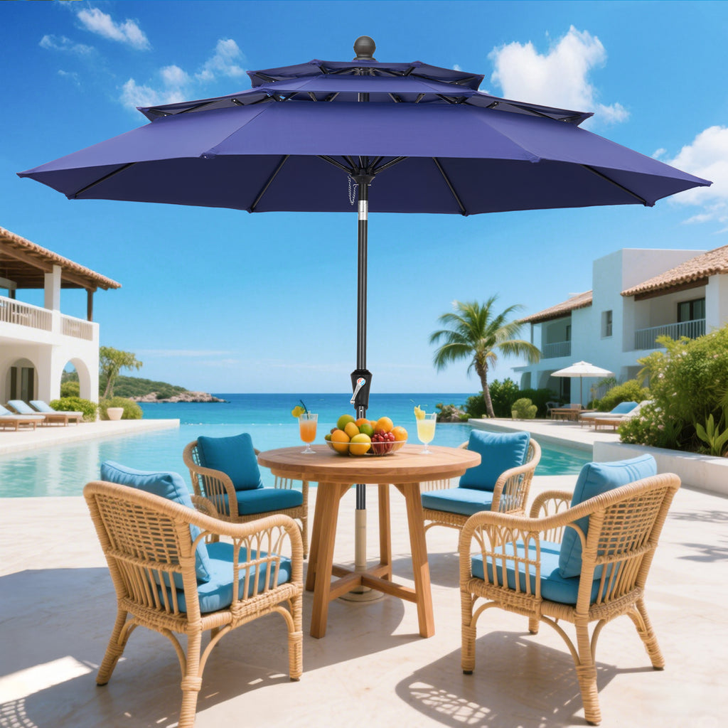 9ft 3 Tier Vented Patio Umbrella with Crank, Navy Blue