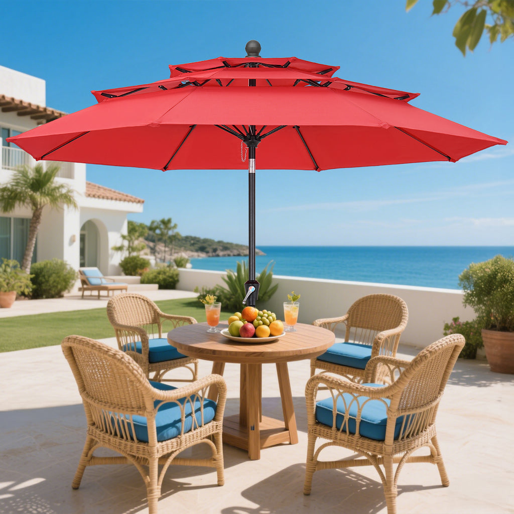 9ft 3 Tier Vented Patio Umbrella with Crank, Red