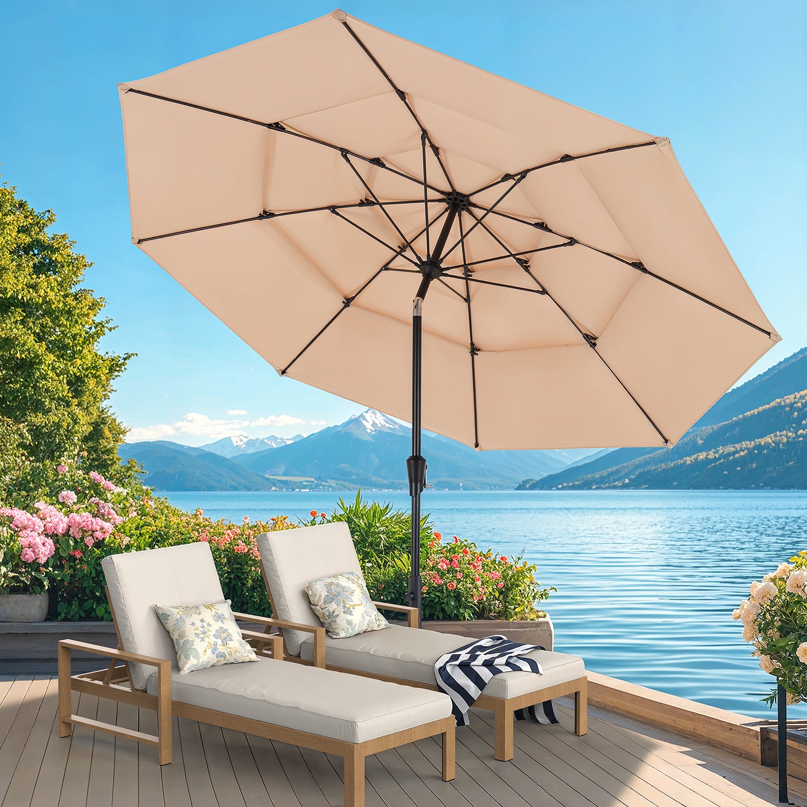 10ft 3 Tier Patio Umbrella with Crank & Push Button Tilt, Champagne