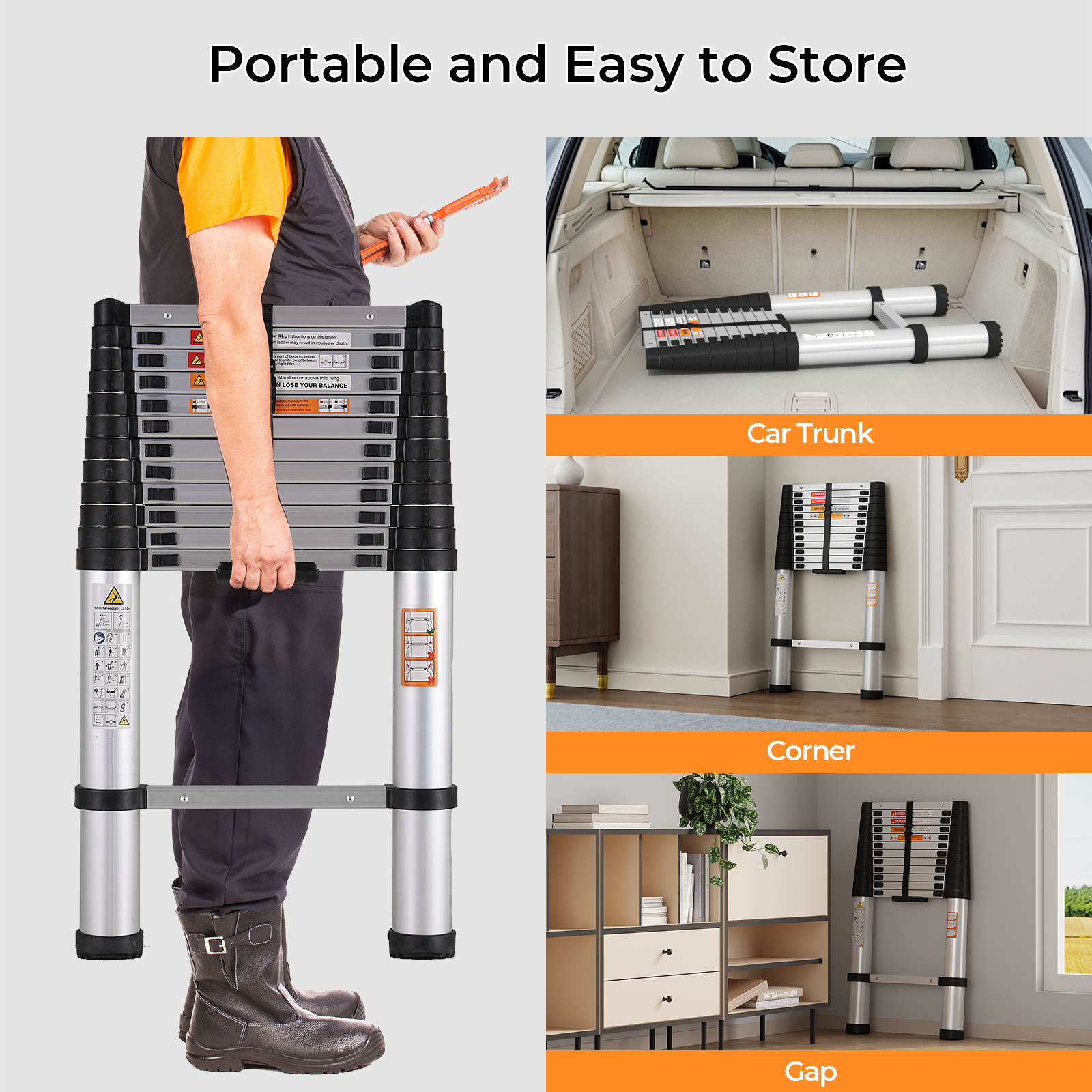 12.5ft Aluminium Telescoping Ladder with Anti-Pinch Hand Device