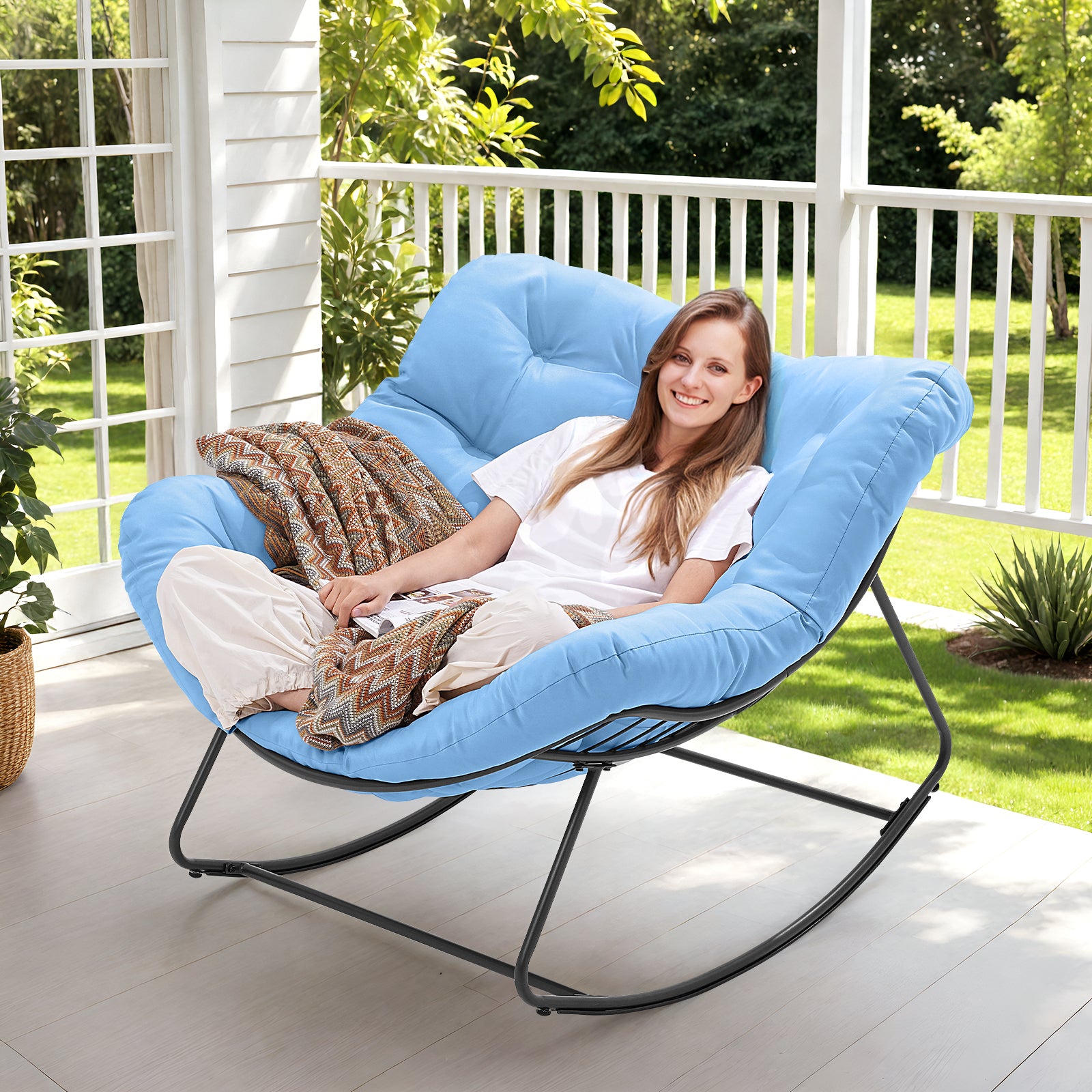 Outdoor Oversized Papasan Rocking Chair with Padded Cushion, Blue