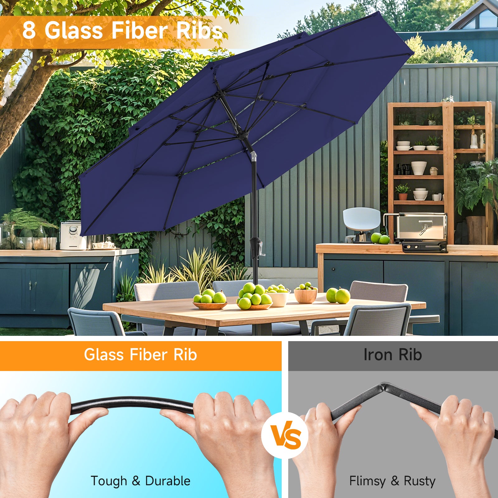 10ft 3 Tier Patio Umbrella with Crank & Push Button Tilt, Navy Blue