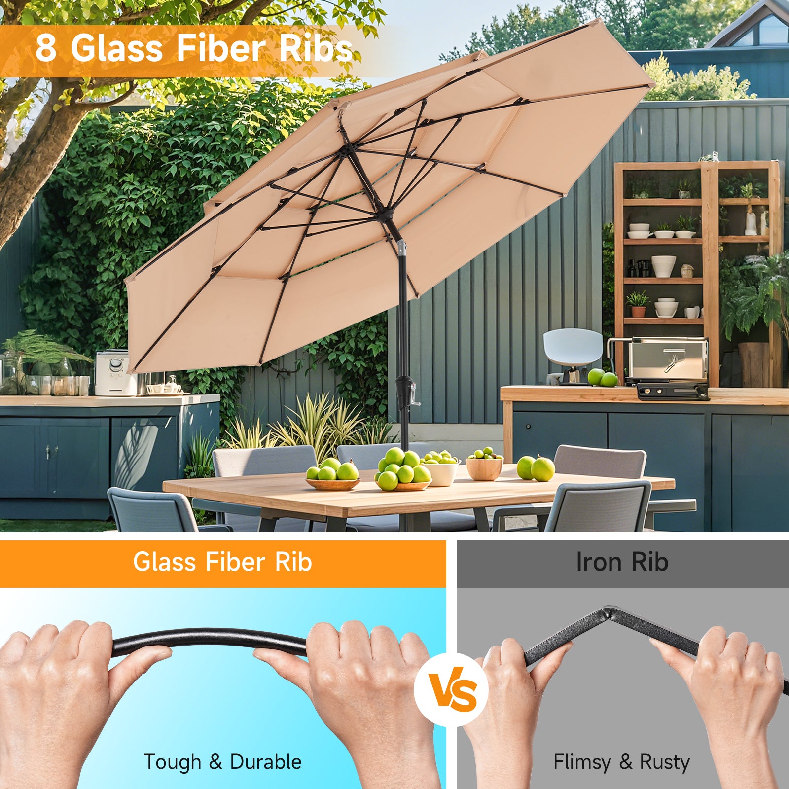 10ft 3 Tier Patio Umbrella with Crank & Push Button Tilt, Champagne