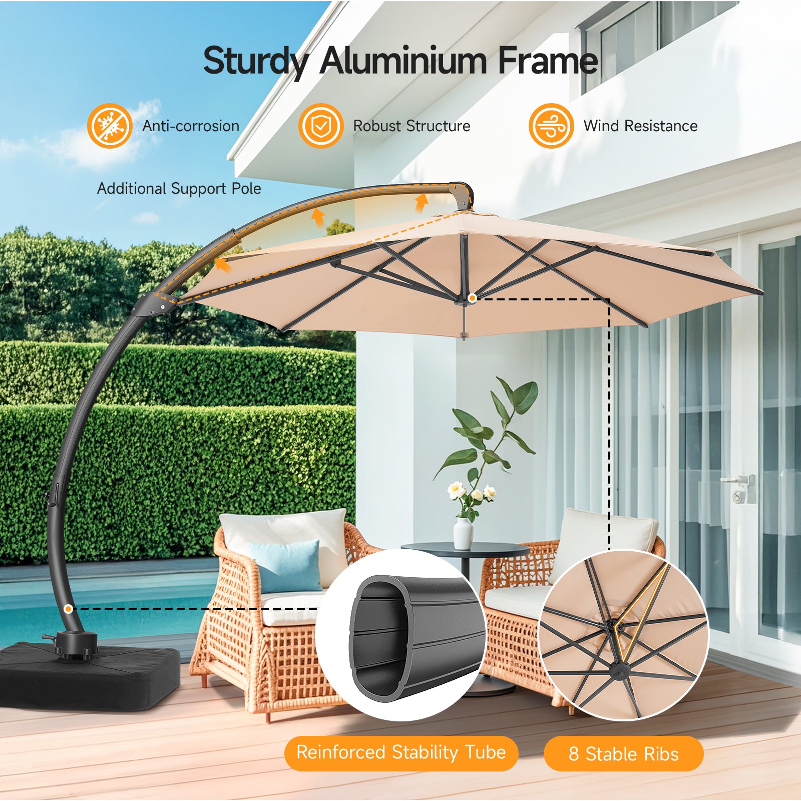 11ft Aluminum Curvy Cantilever Umbrella with Base, Champagne