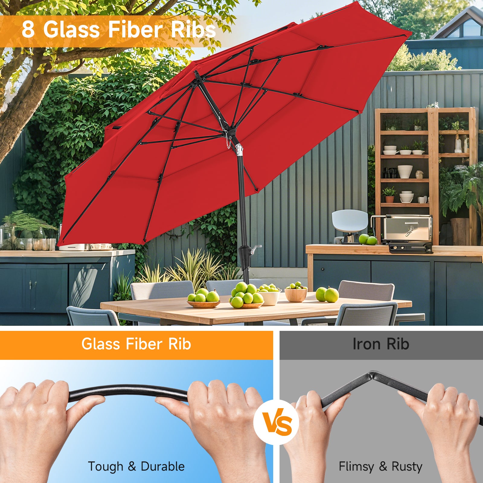 9ft 3 Tier Vented Patio Umbrella with Crank, Red