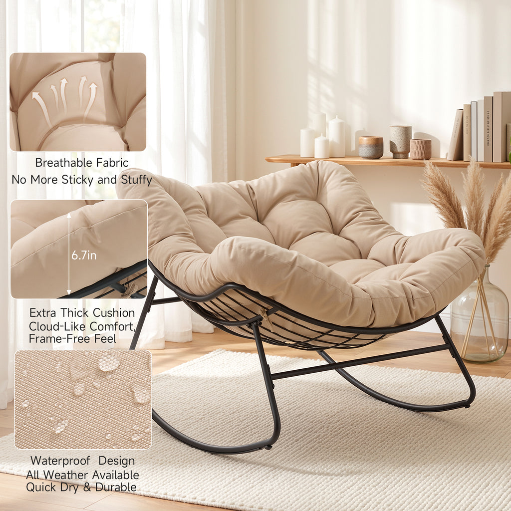 Outdoor Oversized Papasan Rocking Chair with Padded Cushion, Beige