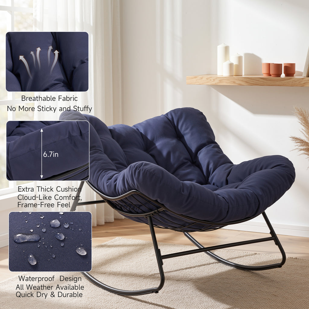 Outdoor Oversized Papasan Rocking Chair with Padded Cushion, Navy Blue