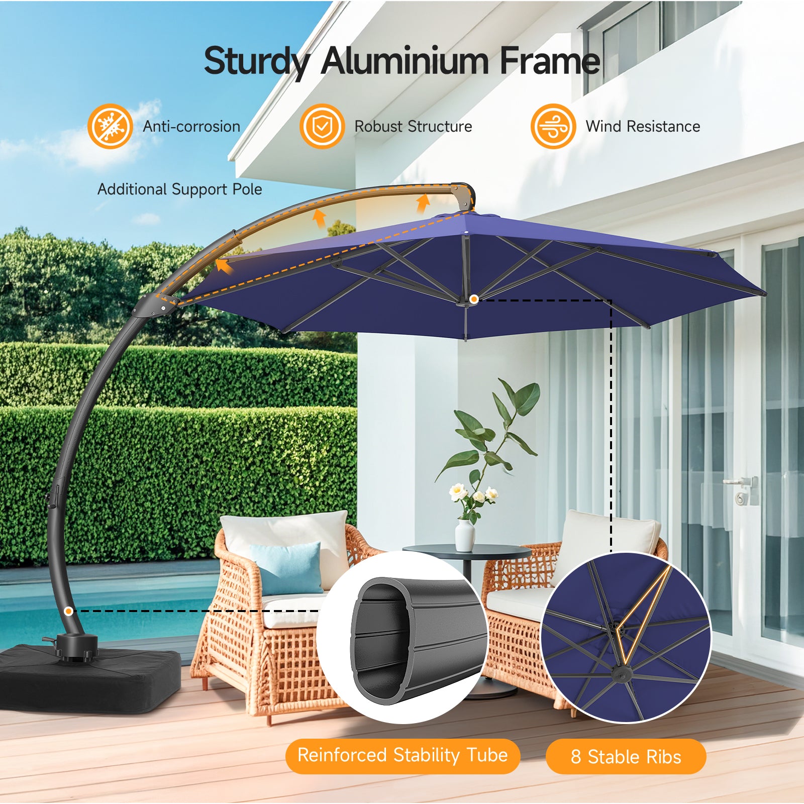 11ft Aluminum Curvy Cantilever Umbrella with Base, Navy Blue