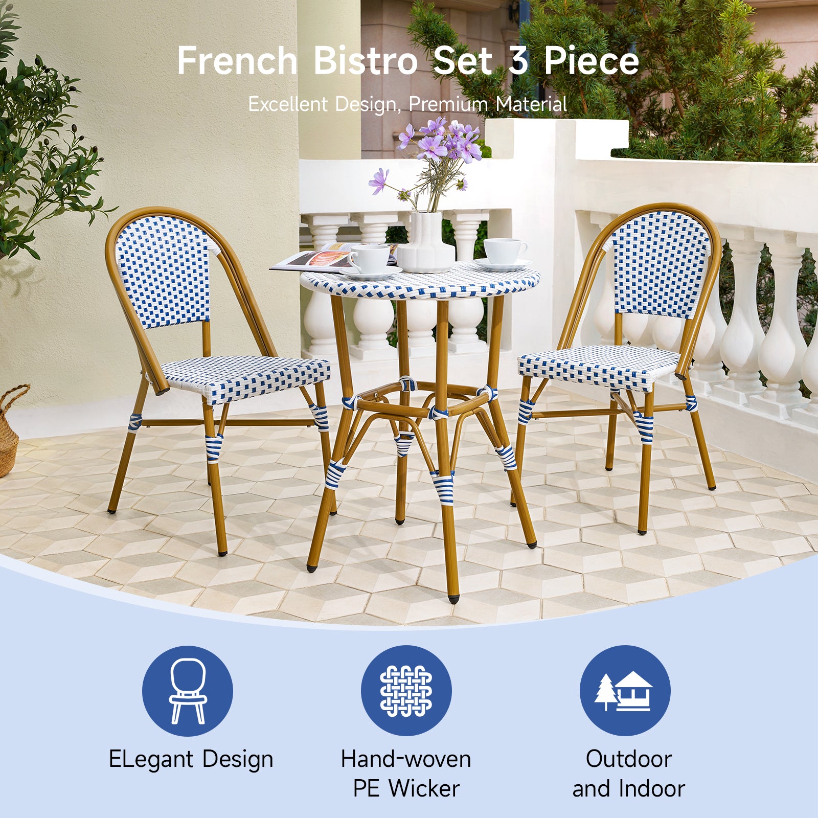 Outdoor Aluminum French Bistro Set, Blue White