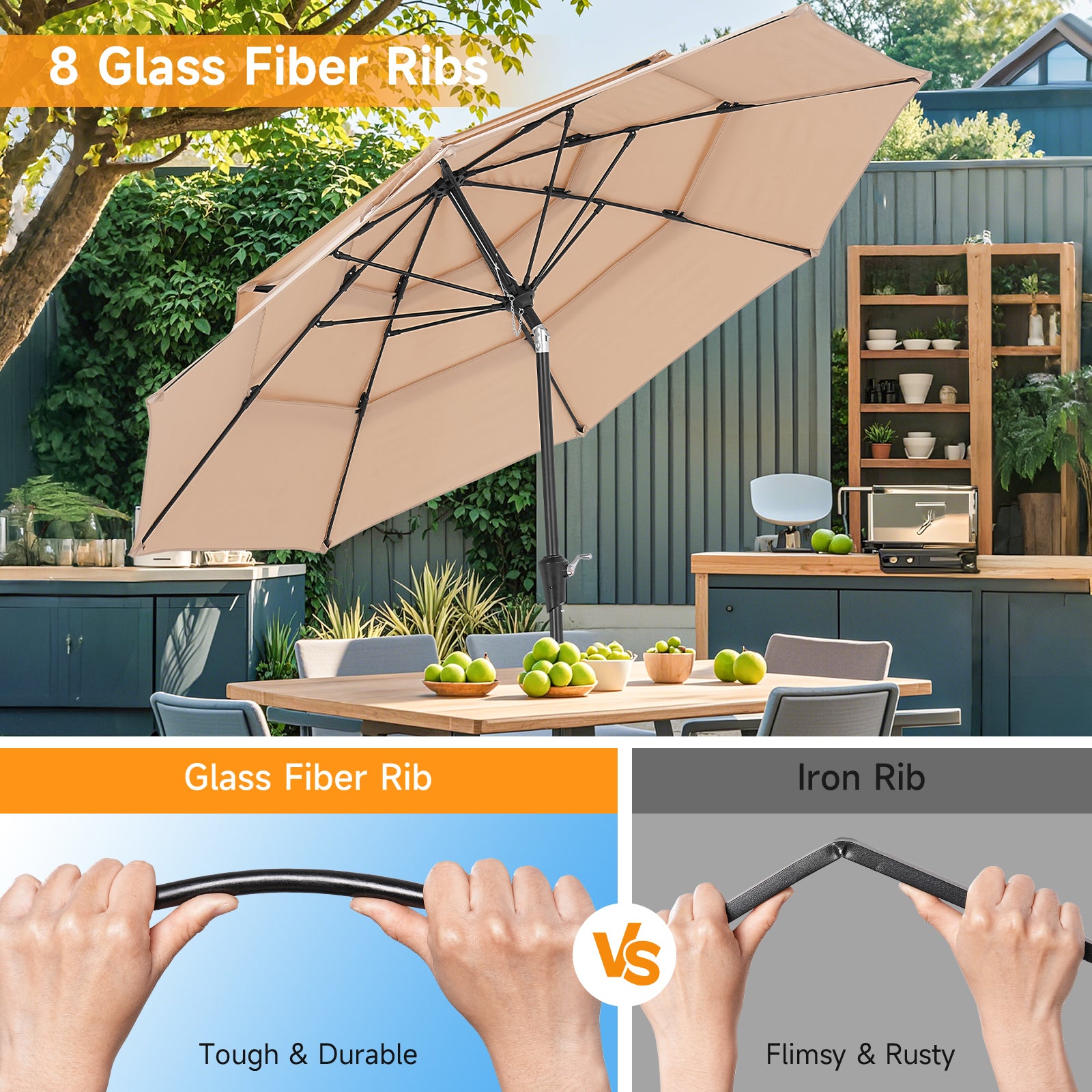 9ft 3 Tier Vented Patio Umbrella with Crank, Champagne