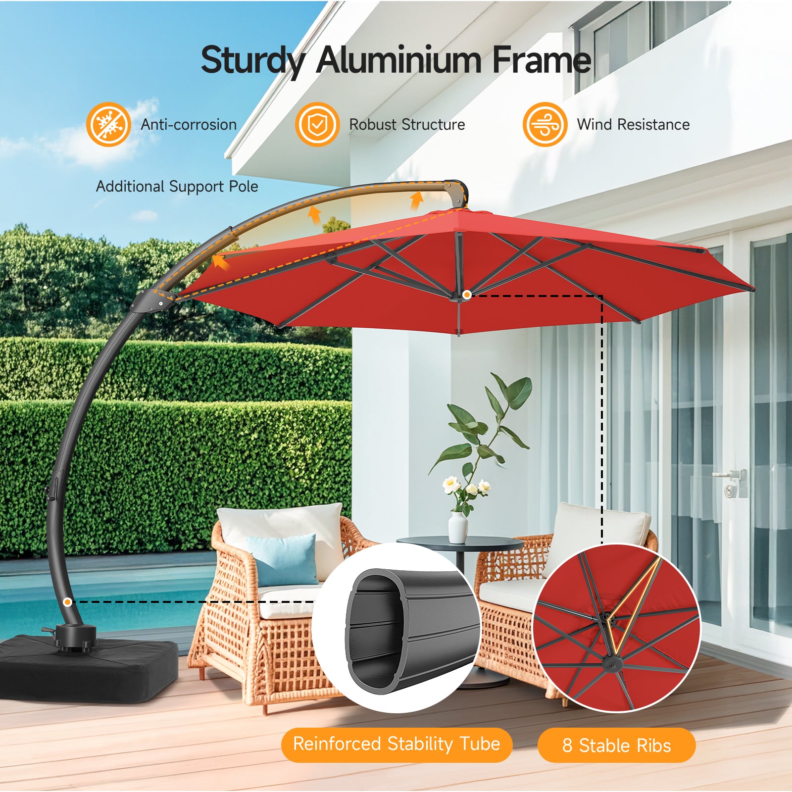 11ft Aluminum Curvy Cantilever Umbrella with Base, Red – Dovov 11ft Aluminum Curvy Cantilever Umbrella with Base, Red – Dovov