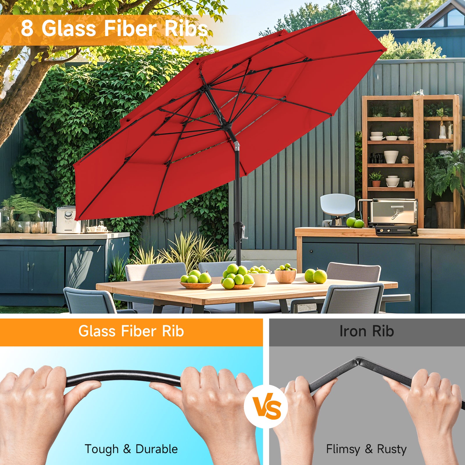 10ft 3 Tier Patio Umbrella with Crank & Push Button Tilt, Red